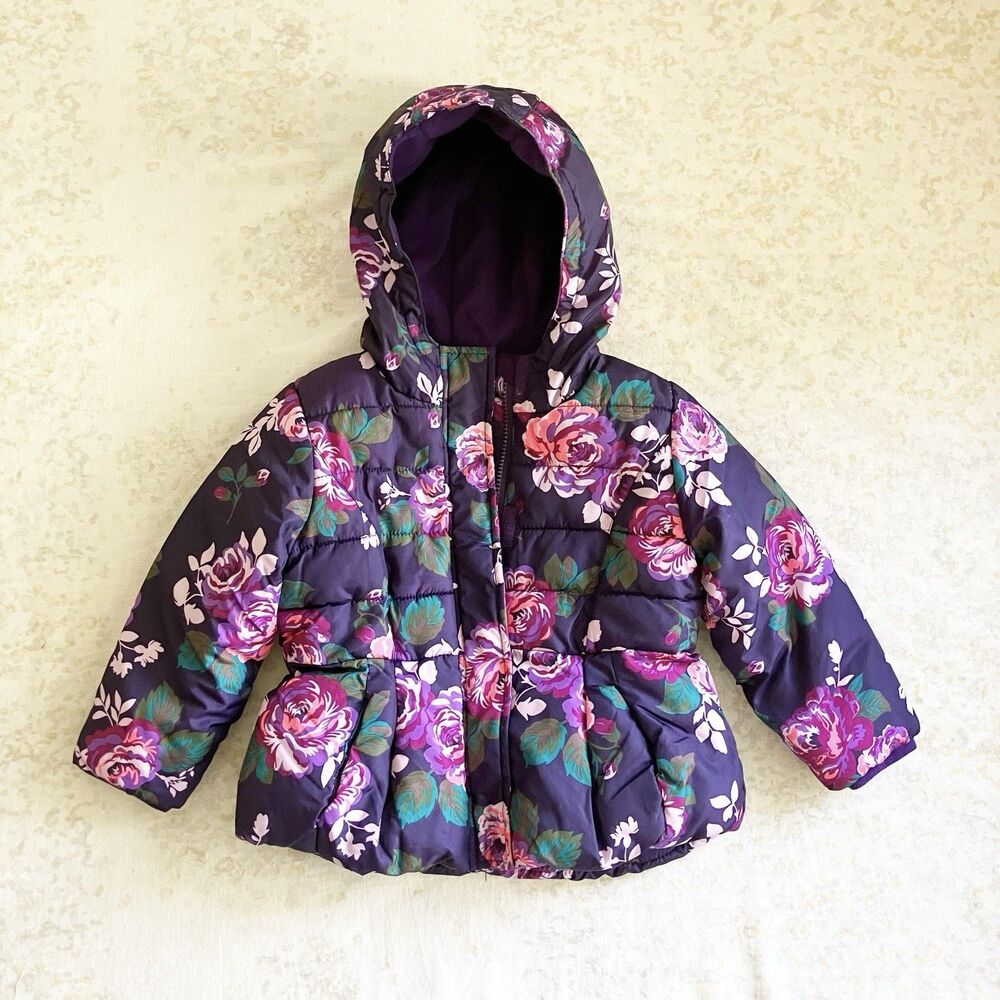 Cherokee Floral Print Hooded Parka Jacket Girls Toddler Size 2T Purple Pockets